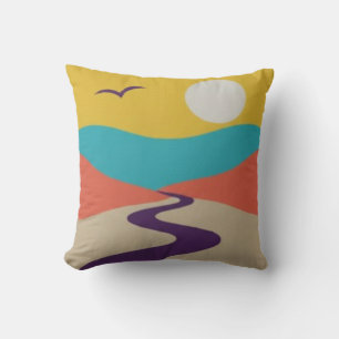 Almofada Paisagem solar minimalista com rio e pássaro