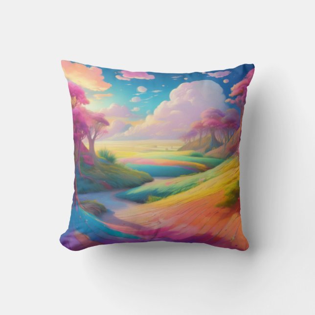 Almofada Paisagem Sonhosa Vibrante em Cores de Pastel (Frente)