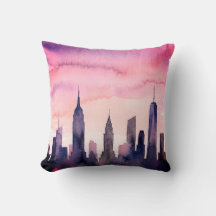 Paisagem Urbana Aquarela Rosa Pastel Índigo NY