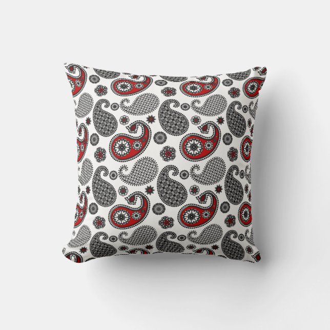 Almofada Paisley Pattern, Preto, Branco e Vermelho (Frente)