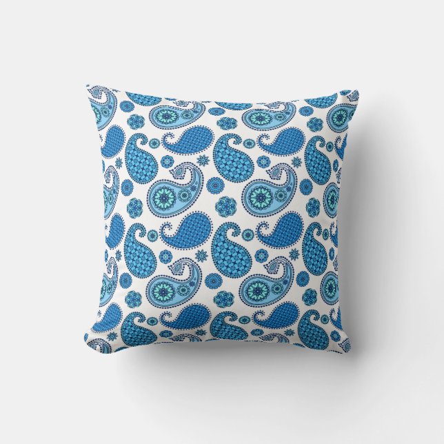 Almofada Paisley Pattern, Shades de Azul em Branco (Frente)