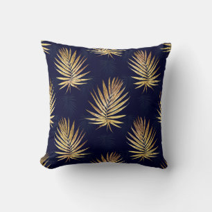 Almofada Palm Dourado deixa Marinho Trabalho de arte azul