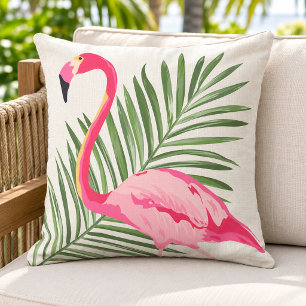 Almofada Palma de Flamingo Rosa Tropical Bege Lino