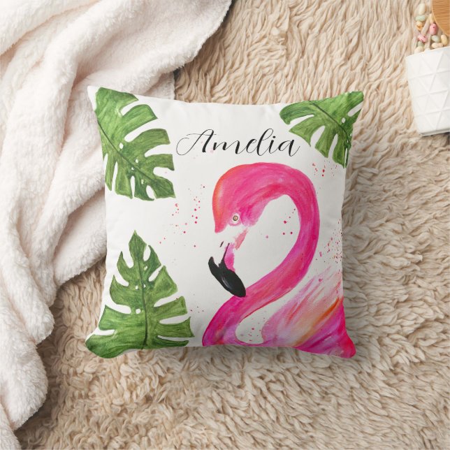 Almofada Palma Rosa Tropical Flamingo Deixa Pássaro Verde (Cobertor)