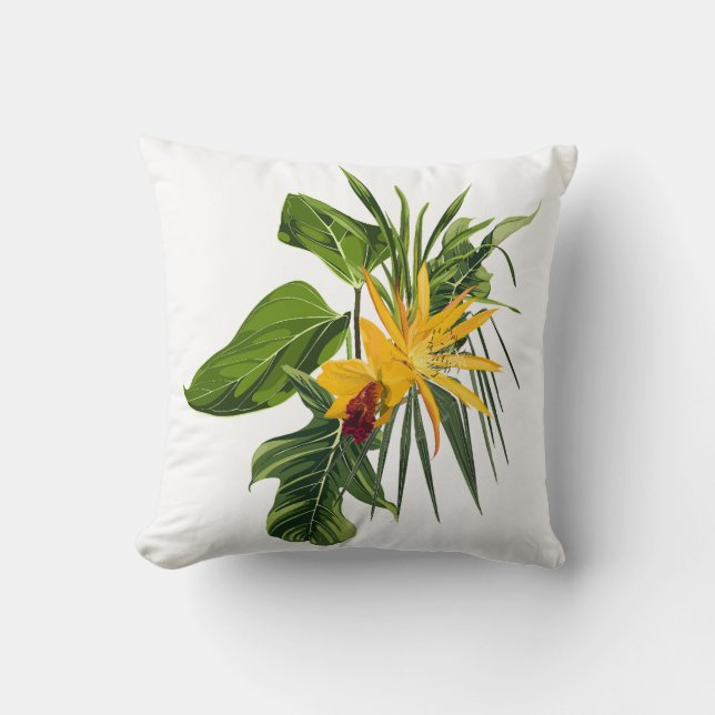 Almofada Palma tropical e composição de flores. (Frente)