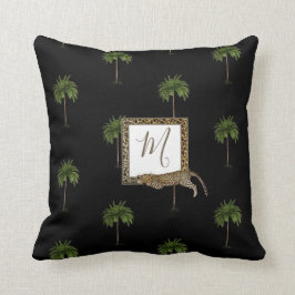 Almofada Palma Tropical Leopardo Imprime um Monograma Preto