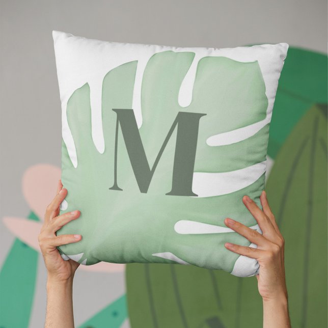 Almofada Palma tropical moderna deixa monograma (Palm leaves monogram throw pillow.)