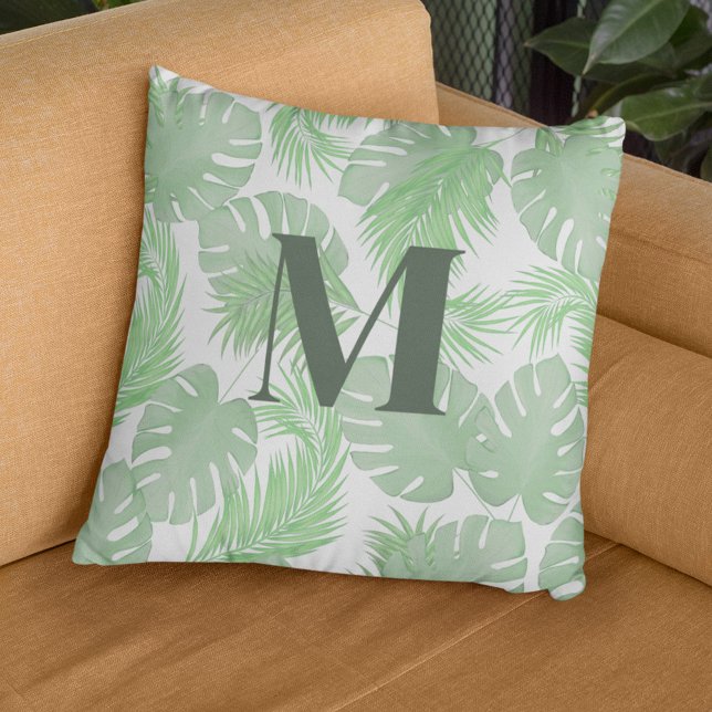 Almofada Palma Verde Deixa Monograma Personalizado (palm leaves monogram pillow)