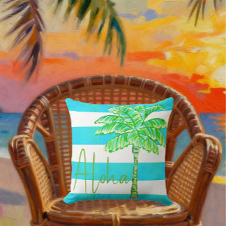 Almofada Palmeira com Listras Turquesa e Branco Aloha