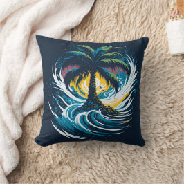 Almofada Palmeira em estilo de pintura com onda marítima
