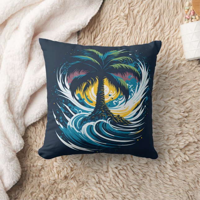 Almofada Palmeira em estilo de pintura com onda marítima (Cobertor)