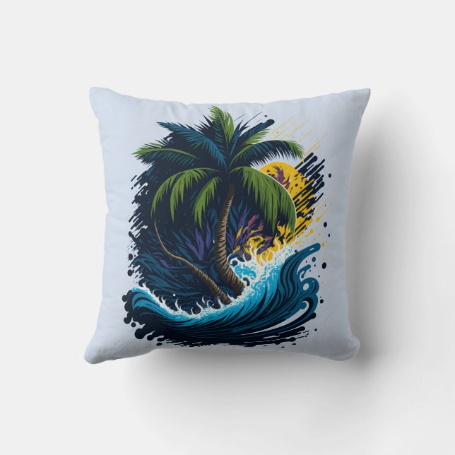 Almofada Palmeira em estilo de pintura com onda marítima (Verso)