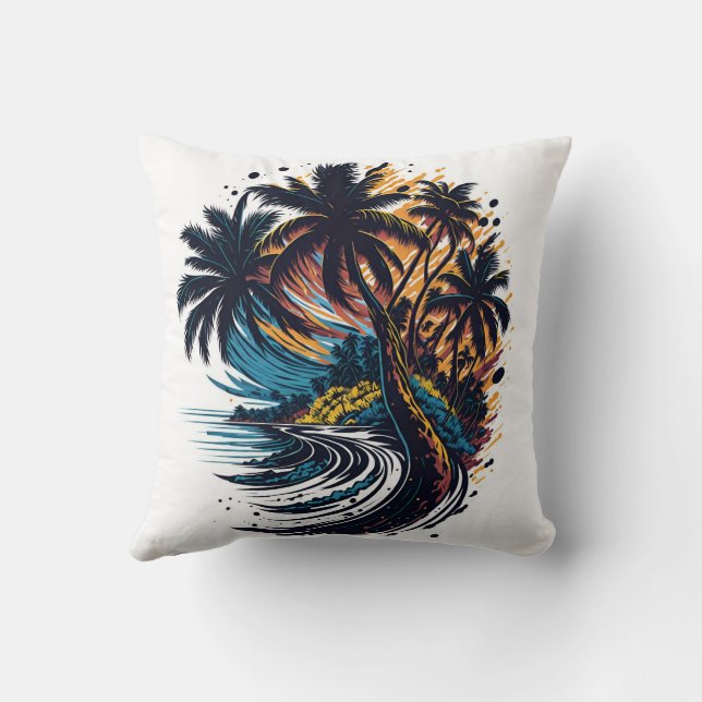 Almofada Palmeira em estilo de pintura com onda marítima (Verso)