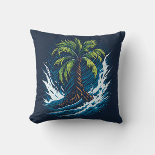 Almofada Palmeira em estilo de pintura com onda marítima