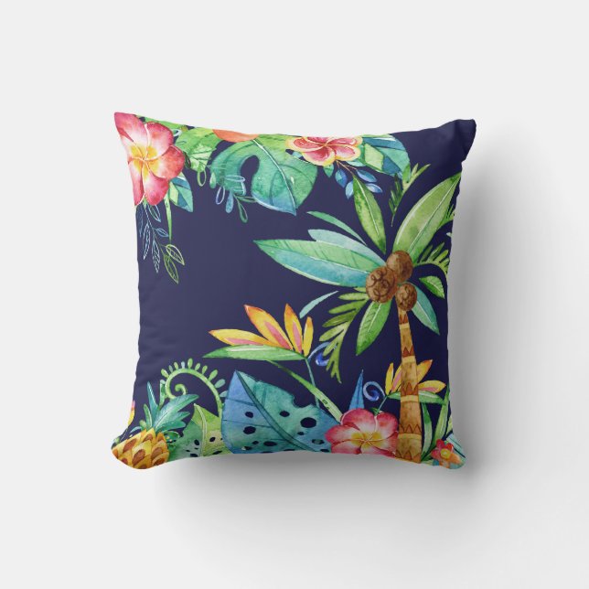 Almofada Palmeiras tropicais e Marinho de aquarela floral a (Frente)
