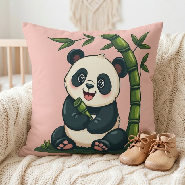 Almofada Panda Adorável Abraçando Bambu Arte Fofa de Desenh (Adorable Panda Hugging Bamboo Cute Cartoon Art Throw Pillow In Crib)