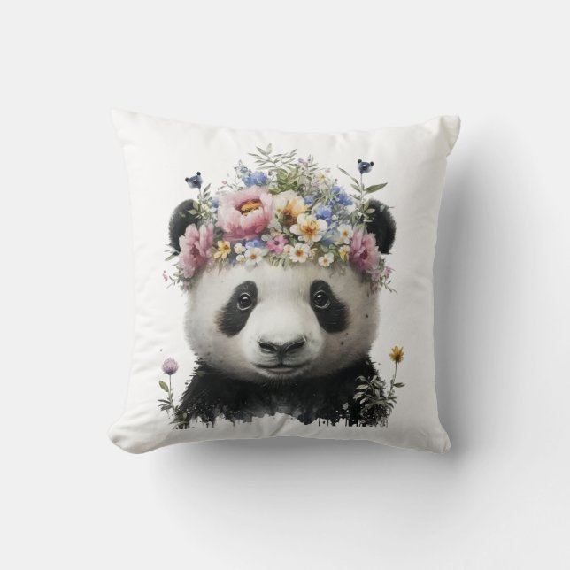 Almofada Panda Floral de Cores Aquáticas (Frente)