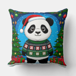 Almofada Panda Fofa em Suéter de Natal Usa Chapéu de Papai 