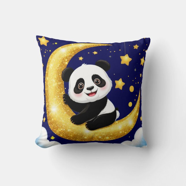 Almofada Panda Fofo Sentado numa Lua Crescente Dourada (Frente)