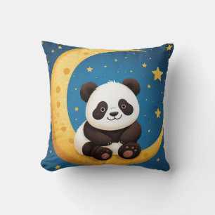 Almofada Panda Fofo Sentado numa Lua Crescente Dourada