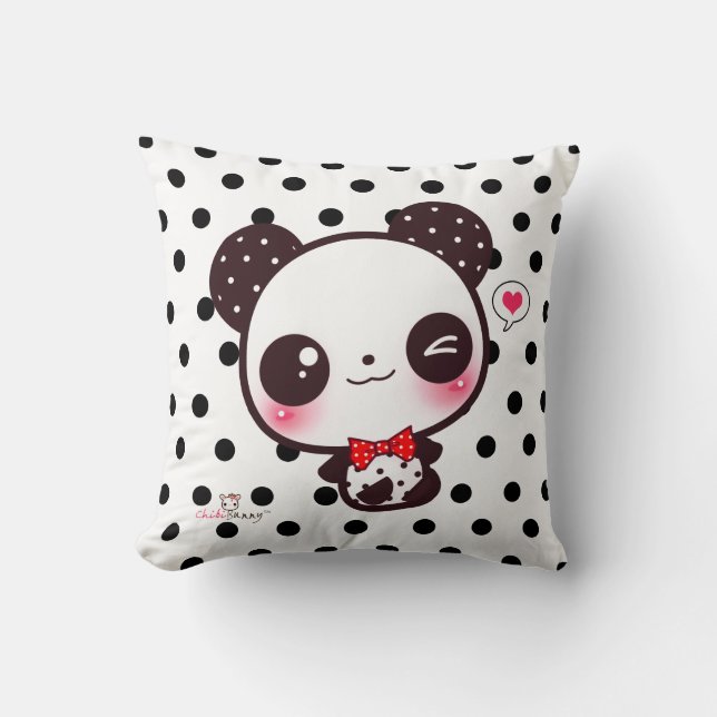 Almofada Panda personalizada de Kawaii em bolinhas pretas (Frente)