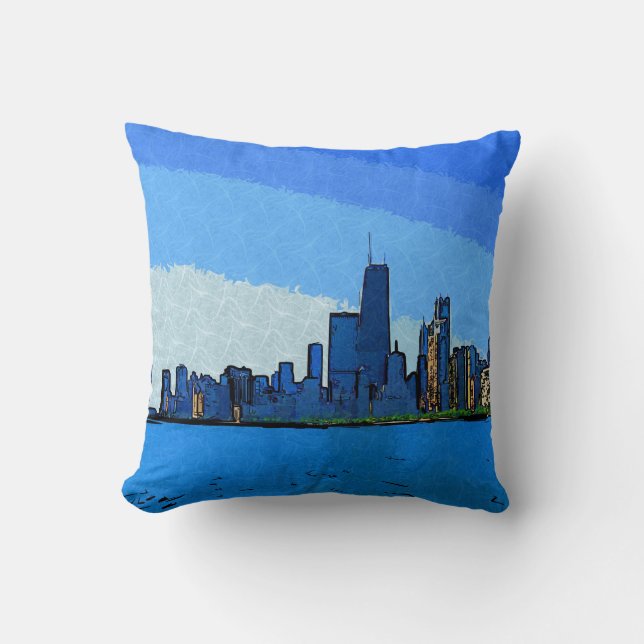 Almofada Panorama de Chicago em Pintura Colagem (Frente)