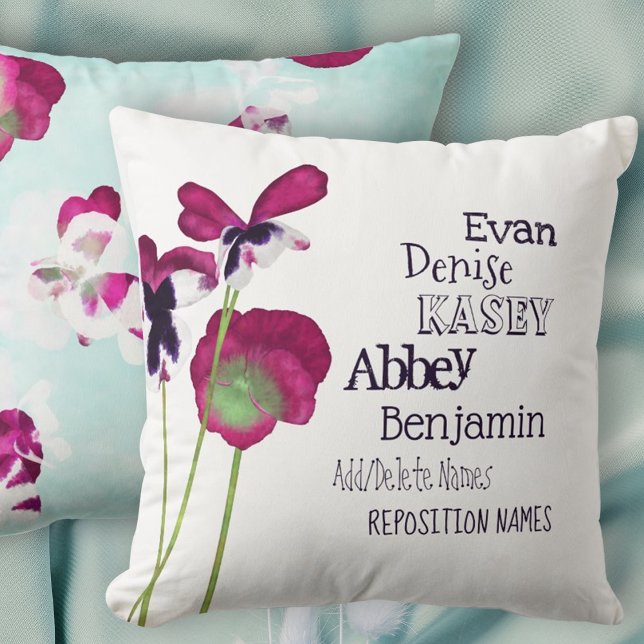 Almofada Panteras cor-de-rosa Avó, Nomes de netos (mothers day mom grandma grandmother throw pillow children kids names pink turquoise floral flowers)