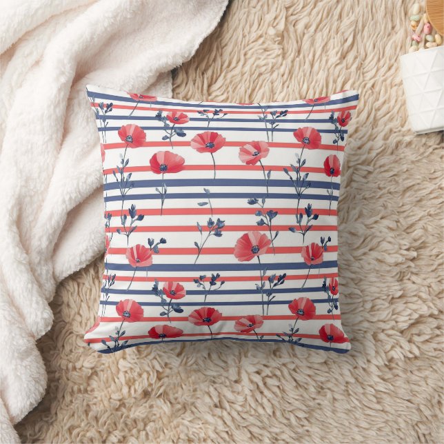 Almofada Papagaios vermelhos com folhas azuis e padrão stri (Cobertor)
