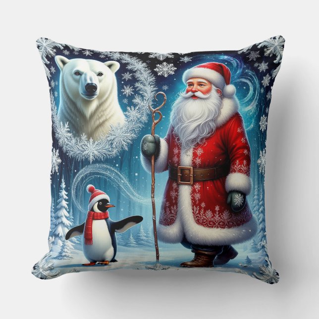 Almofada Papai Noel Com Urso Polar E Pinguim (Frente)