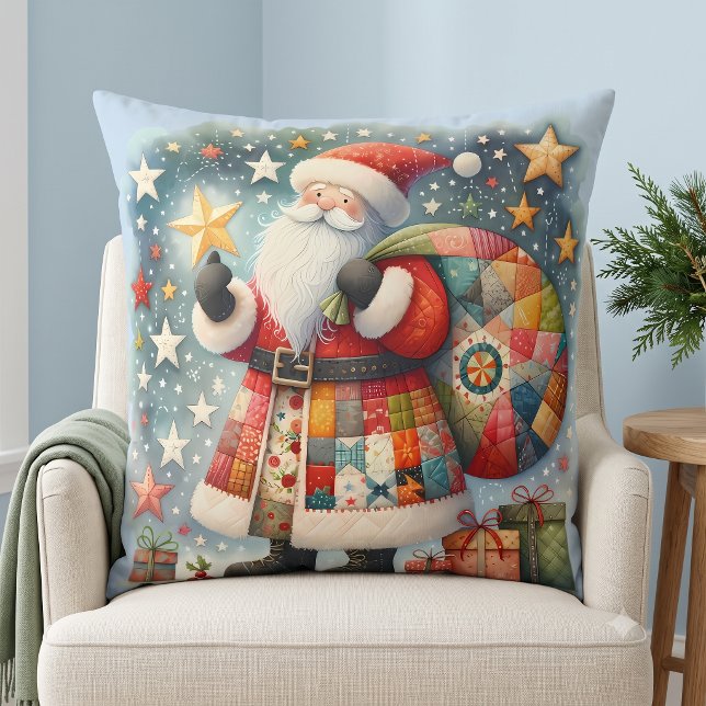 Almofada Papai Noel de Patchwork Acolchoado com Estrelas de (Quilted Patchwork Santa with Christmas Stars Throw Pillow)