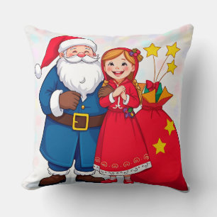 Almofada Papai Noel e Menina com um Saco de Presentes