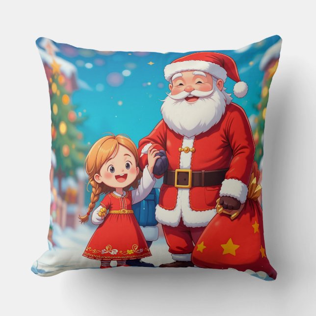 Almofada Papai Noel e Menina com um Saco de Presentes (Frente)