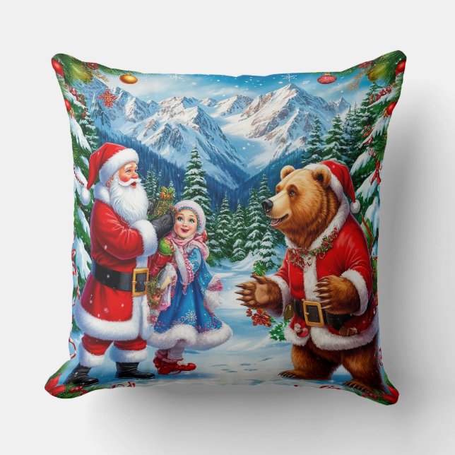 Almofada Papai Noel Festivo com Rapariga e Urso (Frente)