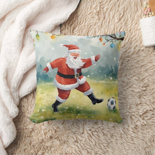 Almofada Papai Noel jogando futebol no campo de Natal (Cobertor)