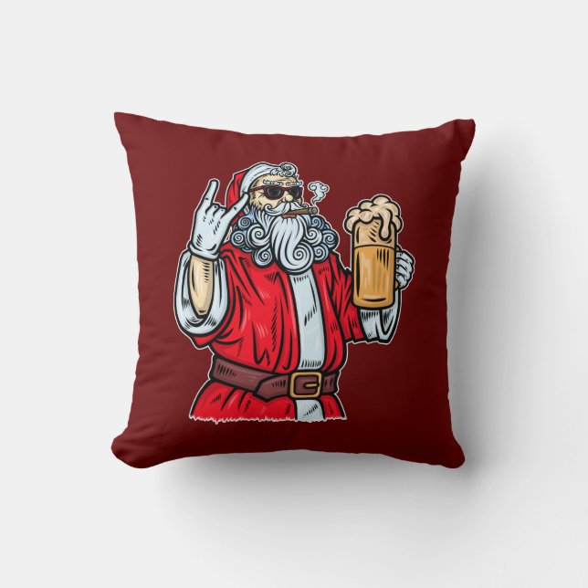 Almofada Papai Noel Mau, Rocha, Cerveja e Charuto (Frente)