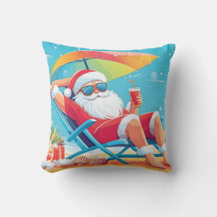 Almofada Papai Noel Relaxando em uma Praia Tropical Sunbed