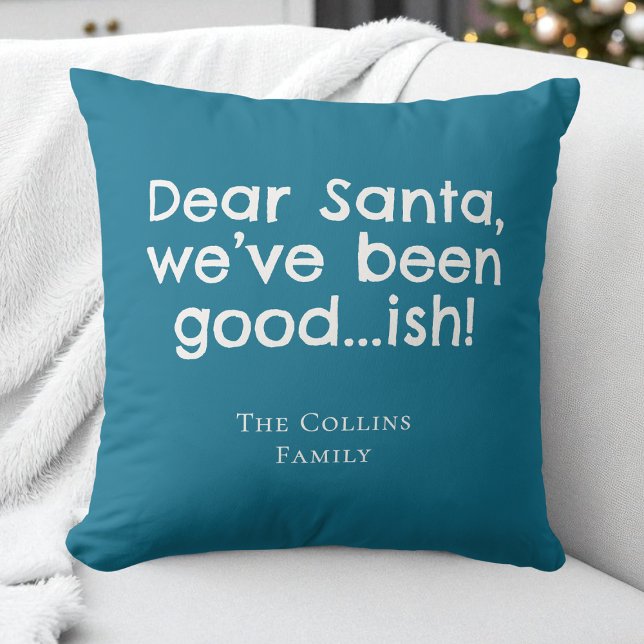 Almofada Papais noeis modernos Teal Personalizado Humor Nat (Modern Fun Santa Teal Personalized Humor Christmas Throw Pillow)