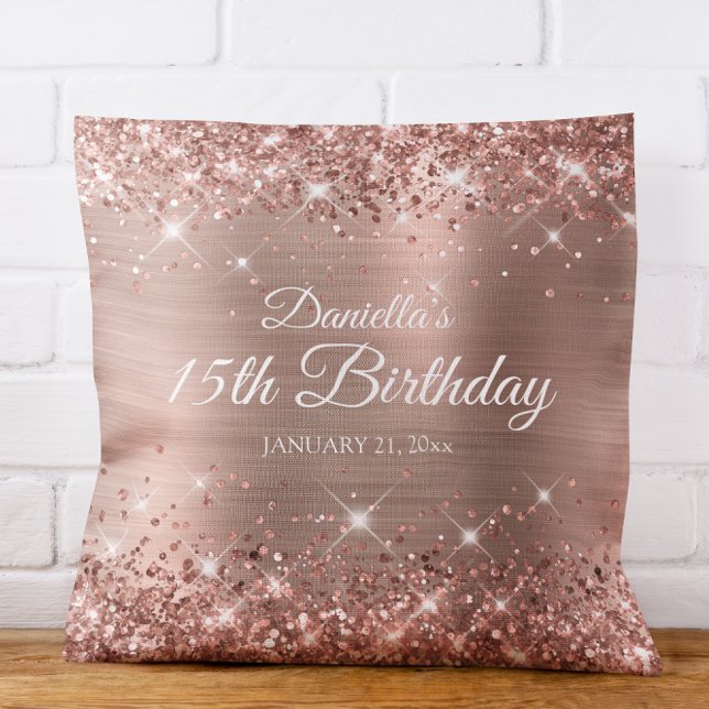 Almofada Papel Alumínio Dourado Rosa Espelhado 15º Aniversá (Glittery Rose Gold Foil 15th Birthday Throw Pillow)