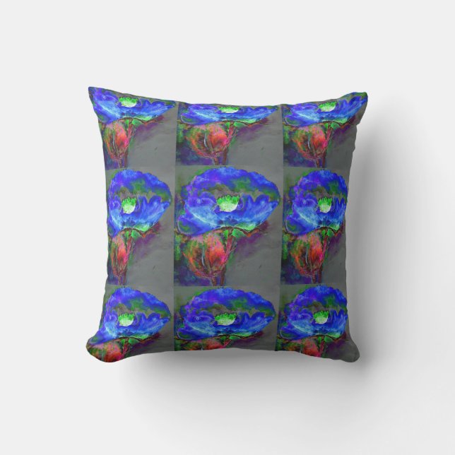 Almofada papoila azul-abstrato floral azul-aquosa (Frente)