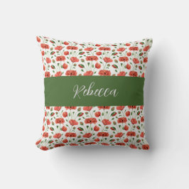 Almofada Papoula Vermelha Aquarela Monograma Nome Flor Silv