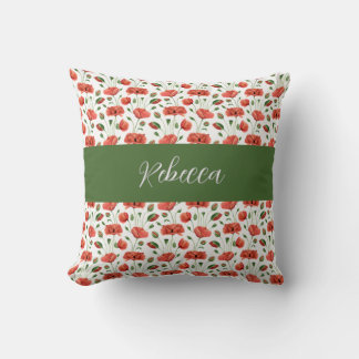 Almofada Papoula Vermelha Aquarela Monograma Nome Flor Silv