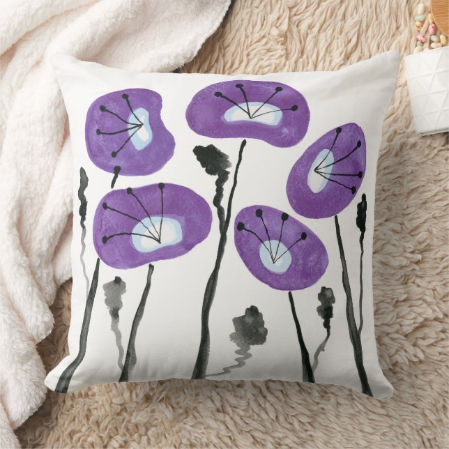 Almofada Papoulas Roxas Flores Boho Modernas Aquarela (Cobertor)