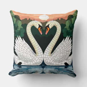Almofada Par de Cisnes em Mosaico Formando Forma de Coração