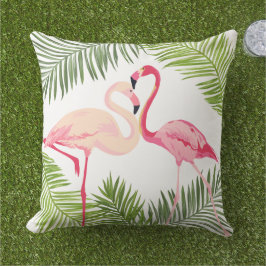 Almofada Par de Flamingos Rosa Tropical Folha de Palmeira