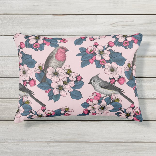 Almofada Para Ambientes Externos Aves e Blossomas a rosa (Frente)