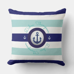 Almofada Para Ambientes Externos azul náutico listrado & personalizado