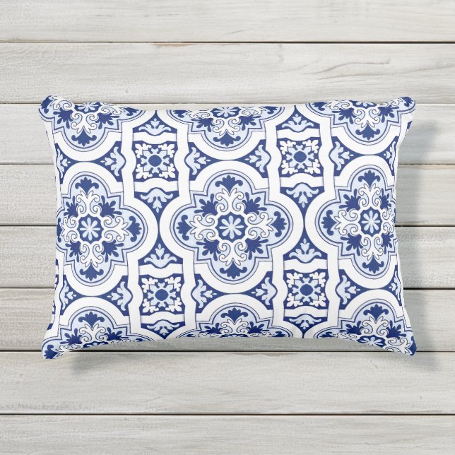 Almofada Para Ambientes Externos Azulejo azul português (Frente)