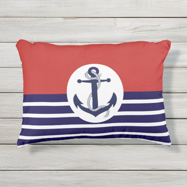 Almofada Para Ambientes Externos Banhas Azuis E Brancas Com Âncora (Frente)