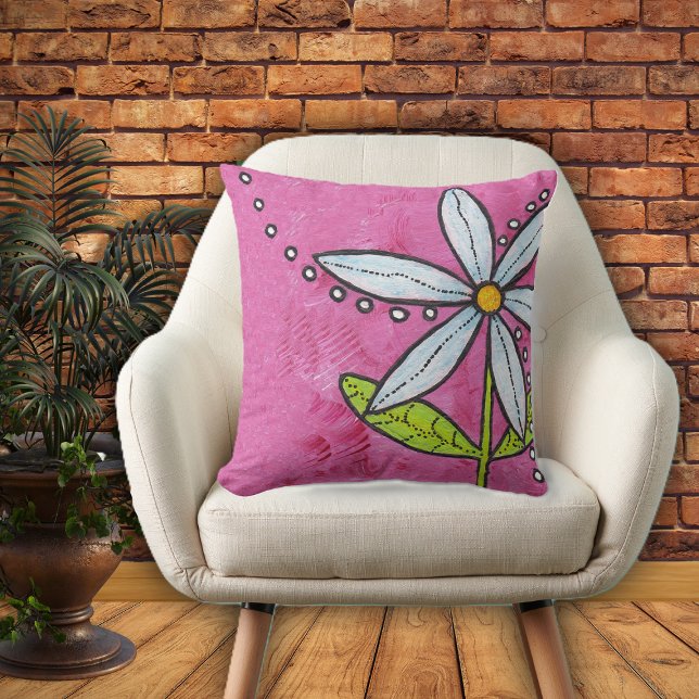 Almofada Para Ambientes Externos Brilhante Cinza Verde-Flor Brilhante (Big bright bold white daisy flower on stem with leaf white dots on vibrant pink home decor pillow.)