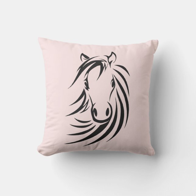 Almofada Para Ambientes Externos Cabeça de cavalo preta no rosa (Frente)